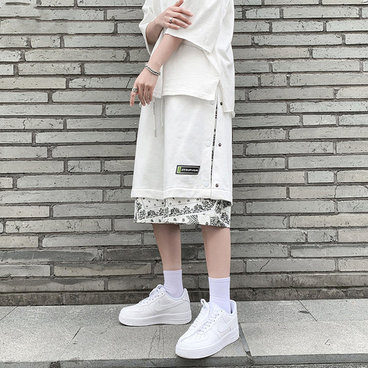 Avrin Men’s Hong Kong-Style Hip-Hop Shorts – Loose Flower-Stitch Cotton Streetwear