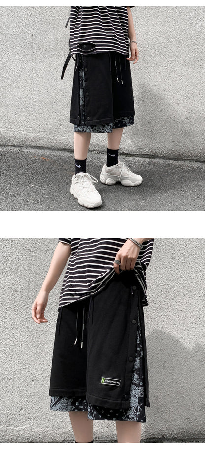 Avrin Men’s Hong Kong-Style Hip-Hop Shorts – Loose Flower-Stitch Cotton Streetwear