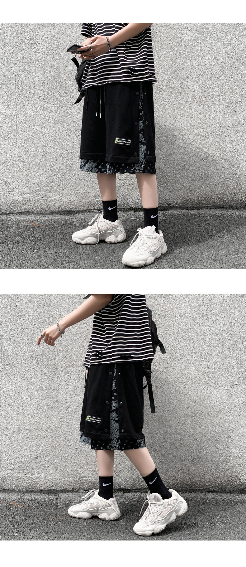 Avrin Men’s Hong Kong-Style Hip-Hop Shorts – Loose Flower-Stitch Cotton Streetwear