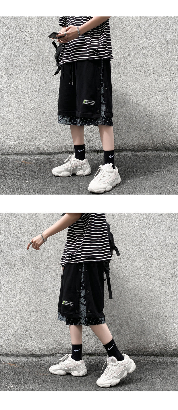 AVRIN Men’s Hong Kong-Style Hip-Hop Shorts – Loose Flower-Stitch Cotton Streetwear