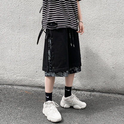 Avrin Men’s Hong Kong-Style Hip-Hop Shorts – Loose Flower-Stitch Cotton Streetwear