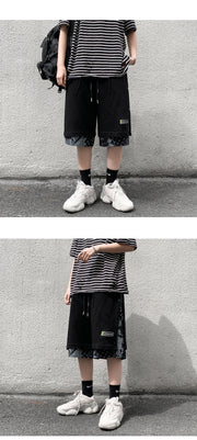 AVRIN Men’s Hong Kong-Style Hip-Hop Shorts – Loose Flower-Stitch Cotton Streetwear