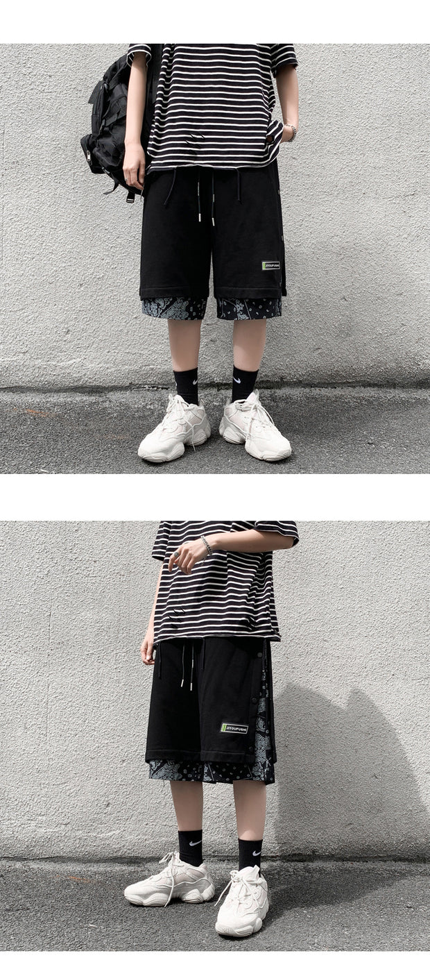 AVRIN Men’s Hong Kong-Style Hip-Hop Shorts – Loose Flower-Stitch Cotton Streetwear