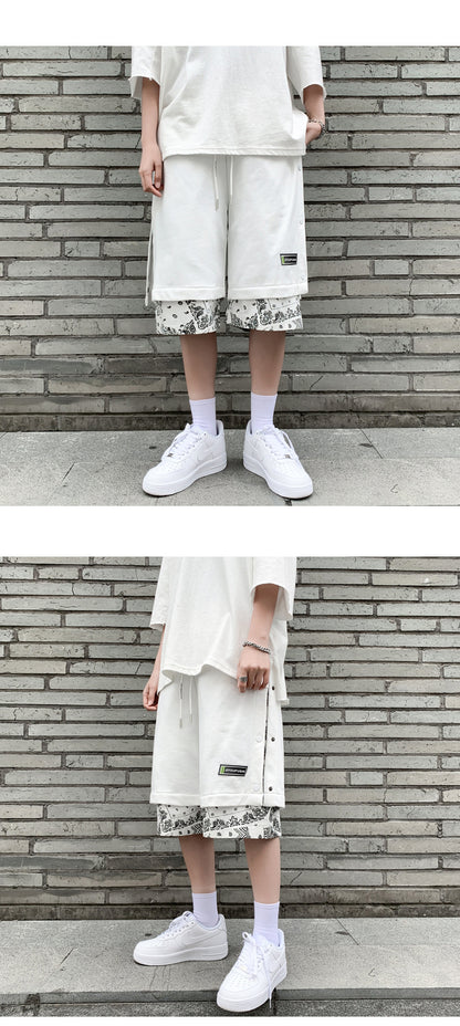 Avrin Men’s Hong Kong-Style Hip-Hop Shorts – Loose Flower-Stitch Cotton Streetwear