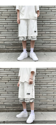 AVRIN Men’s Hong Kong-Style Hip-Hop Shorts – Loose Flower-Stitch Cotton Streetwear